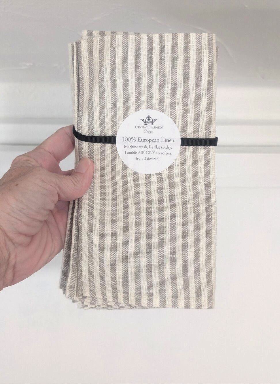 Crown Linen Designs European Linen Striped Napkins Set of 4 NEW Gray/Ivory